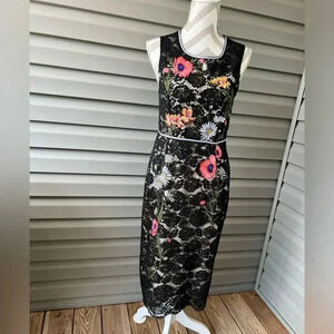 ABS Black Floral Lace Embroidered Sheath Midi  Dress Sz 6